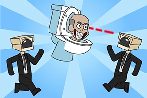 Dos figuras con cajas en la cabeza se dirigen hacia un inodoro con una cabeza caricaturesca y rayos láser rojos saliendo de sus ojos, sobre un fondo azul con rayos