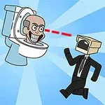 Dos figuras con cajas en la cabeza se dirigen hacia un inodoro con una cabeza caricaturesca y rayos láser rojos saliendo de sus ojos, sobre un fondo azul con rayos