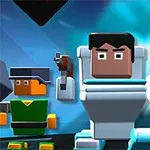 Personajes cúbicos con figuras de bloques sosteniendo armas, con un fondo azul fosforescente