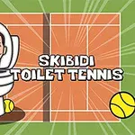 Un personaje sonriente sale de un inodoro rodeado de pelotas de tenis en una cancha, con el texto Skibidi Toilet Tennis en el centro