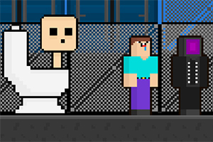 Un personaje pixelado junto a un inodoro, con un fondo de reja metálica