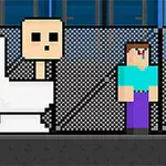 Un personaje pixelado junto a un inodoro, con un fondo de reja metálica