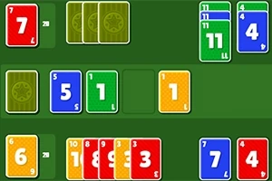Cartas numeradas de colores rojo, azul, verde y amarillo dispuestas sobre un fondo verde