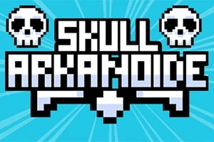 Texto pixelado que dice Skull Arkanoide con dos calaveras pequeñas sobre un fondo azul