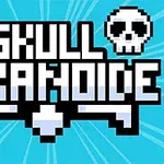 Texto pixelado que dice Skull Arkanoide con dos calaveras pequeñas sobre un fondo azul