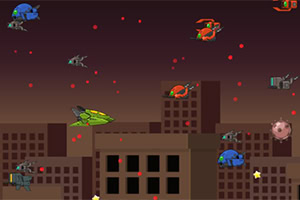 Naves espaciales de colores brillantes flotan sobre una ciudad pixelada bajo un cielo oscuro, con pequeñas partículas rojas a su alrededor