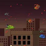 Naves espaciales de colores brillantes flotan sobre una ciudad pixelada bajo un cielo oscuro, con pequeñas partículas rojas a su alrededor