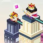 Un personaje con corona y capa, junto a otro con disfraz colorido y una figura con gorra roja, están sobre plataformas conectadas en lo alto de edificios con joyas rosas flotando alrededor