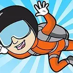 Dibujo de un personaje animado en paracaídas con traje naranja y casco negro, sonriendo en un fondo azul con rayos