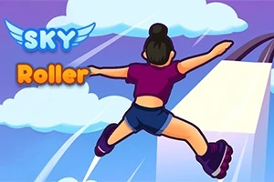 Persona patinando sobre plataformas en el cielo con fondo de nubes y el texto Sky Roller