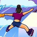 Persona patinando sobre plataformas en el cielo con fondo de nubes y el texto Sky Roller