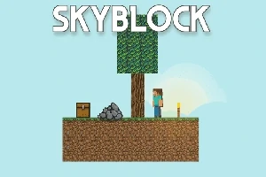 Un personaje pixelado en una isla flotante con un árbol, una antorcha, un cofre y rocas, con el cielo de fondo