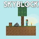 Un personaje pixelado en una isla flotante con un árbol, una antorcha, un cofre y rocas, con el cielo de fondo