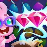Personaje rosado con gafas observa emocionado tres diamantes rosados sobre un fondo colorido