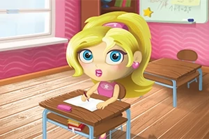 Niña rubia de ojos azules sentada en un pupitre en un aula, escribiendo en una hoja de papel