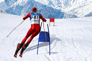 Esquiador en traje rojo descendiendo por una pista de esquí nevada con montañas al fondo