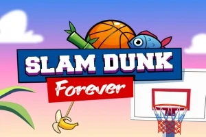 Título colorido Slam Dunk Forever sobre un fondo de cielo con un balón de baloncesto, un pez, una canasta y un plátano
