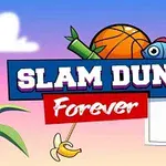 Título colorido Slam Dunk Forever sobre un fondo de cielo con un balón de baloncesto, un pez, una canasta y un plátano