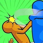 Figura azul golpeando a figura naranja en un entorno con fondo verde y un personaje pequeño vestido de policía en una esquina