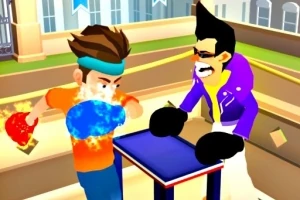 Dos personajes animados compiten en una mesa pequeña, uno con una camiseta naranja lanzando una bola de energía azul y el otro con una chaqueta morada