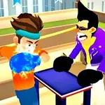Dos personajes animados compiten en una mesa pequeña, uno con una camiseta naranja lanzando una bola de energía azul y el otro con una chaqueta morada