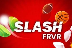 Texto SLASH FRVR en blanco sobre un fondo rojo, rodeado de un balón de fútbol americano, una pelota de baloncesto, y otros elementos deportivos