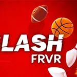 Texto SLASH FRVR en blanco sobre un fondo rojo, rodeado de un balón de fútbol americano, una pelota de baloncesto, y otros elementos deportivos