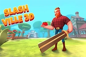 Personaje musculoso con barba sosteniendo una espada grande y una manzana en un entorno colorido de pueblo caricaturesco