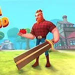 Personaje musculoso con barba sosteniendo una espada grande y una manzana en un entorno colorido de pueblo caricaturesco