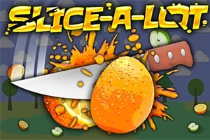 Cuchillo cortando una naranja con el título SLICE-A-LOT en letras amarillas vibrantes y fondo colorido