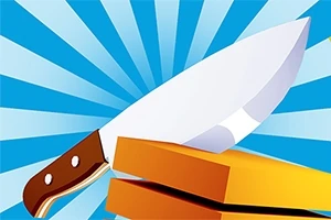 Cuchillo afilado cortando un bloque naranja sobre un fondo con rayos azules y blancos