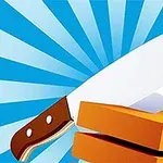 Cuchillo afilado cortando un bloque naranja sobre un fondo con rayos azules y blancos