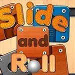 Diseño gráfico de bloques de madera y metal con letras coloridas y una esfera plateada central