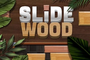 Letras 3D SLIDE WOOD sobre fondo de madera con hojas tropicales y bloques deslizables