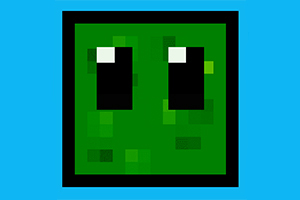 Cara pixelada de un personaje verde con ojos negros sobre un fondo azul