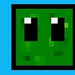 Cara pixelada de un personaje verde con ojos negros sobre un fondo azul