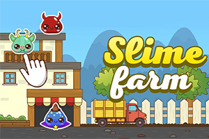 Ilustración colorida de una granja con personajes dibujos animados y un camión, con el texto Slime Farm en letras amarillas