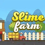Ilustración colorida de una granja con personajes dibujos animados y un camión, con el texto Slime Farm en letras amarillas
