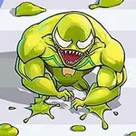 Monstruo verde y musculoso con grandes dientes caminando sobre una superficie a rayas, rodeado de charcos de un líquido verde