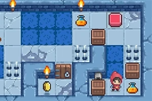 Pequeño personaje con capucha roja en un laberinto de bloques de hielo, antorchas, pociones y cajas de madera