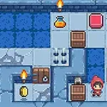 Pequeño personaje con capucha roja en un laberinto de bloques de hielo, antorchas, pociones y cajas de madera