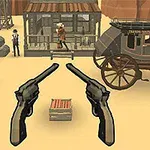 Dos pistolas en primer plano sobre un escenario del Viejo Oeste con personajes, un cactus, una carreta y un edificio de madera