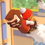 Un personaje con barba y casco rojo vuela sobre una nube en una ciudad con edificios y naturaleza de fondo