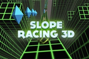 Texto en 3D de Slope Racing 3D sobre un fondo de cuadrícula verde con formas geométricas azules
