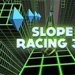 Texto en 3D de Slope Racing 3D sobre un fondo de cuadrícula verde con formas geométricas azules