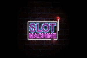 Neón azul y rosa que dice Slot Machine sobre un fondo de ladrillo oscuro