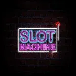 Neón azul y rosa que dice Slot Machine sobre un fondo de ladrillo oscuro