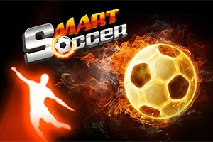 Un balón de fútbol en llamas y una silueta de jugador junto al texto Smart Soccer con un diseño ardiente