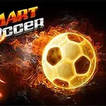 Un balón de fútbol en llamas y una silueta de jugador junto al texto Smart Soccer con un diseño ardiente