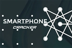 Texto Smartphone Cracker junto a un patrón de puntos conectados por líneas blancas sobre un fondo oscuro